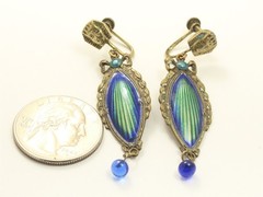 Vintage Art Deco Egyptian Revival Czech Enamel Pharaoh Dangle Screwback Earrings
