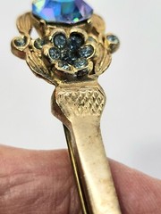 Vtg Sword Saber Brooch Dress Coat Kilt Pin Gold Tone AB Blue Rhinestone 3.5 In