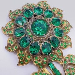 Vintage Pot Metal Dress Clip Flower Gold Tone Green Rhinestones 3″
