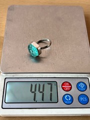 VINTAGE CARVED FLOWER AQUA BLUE GLASS RING 925 STERLING UNIQUE HEXAGON SHAPE