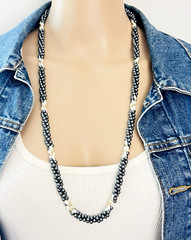 Vintage Twisted Hematite Rice Pearl 14K Gold Bead Necklace 30 in