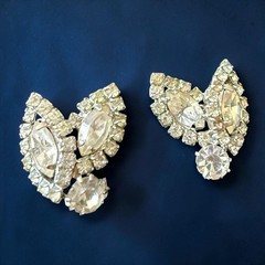 Weiss Earrings Rhinestone Clip On Clear Navette Signed Vintage Mid Century