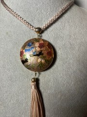 Vtg Cloisonne Pendant Tassel Necklace 26” Nylon Chain Brown Enamel Bird/Flowers