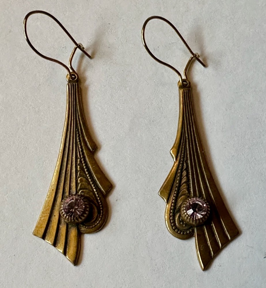 Vintage Art deco style brass with faceted crystal prism charm 1 5/8″ Earrings