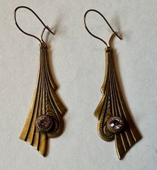 Vintage Art deco style brass with faceted crystal prism charm 1 5/8″ Earrings