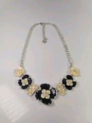 Dana Buchman Enamel Flowers 3 Piece Set Silver Plated Black Cream With Crystals