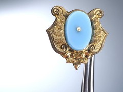 Antique gold brooch blue opaline glass hollow pin tube hinge C-clasp jewelry