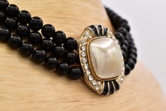 Vintage Black Bead Faux Pearl Rhinestone Enamel Multi Strand Choker 1980s BinBH