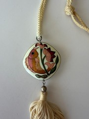 Vintage Asian Cloisonné Fish & Floral Tassel Pendent On Cream cord Necklace 30”