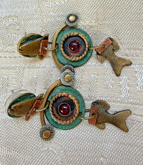 Vtg Mixed Metal Pierced Earrings ARTISAN Dangle Drop Fish ~ Marjorie Bear Style