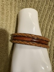 3 Vintage Bangles Wood, Leather, And Gold Tone