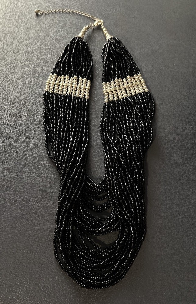Vintage Multi-Strand Black Seed Beads W/ Chrome Bead Inset Necklace NK#28