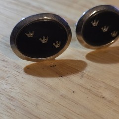 Vintage Oval Bullet Back Cufflinks Black Silver Enamel Three Crown Design