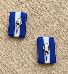 Vintage Blue Lucite White Stripped Rectangle Drop Earrings Clip On 1 1/4”