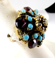 Vintage Rhinestone Cocktail Ring Adjustable Size 6 Faux Turquoise Amethyst Retro