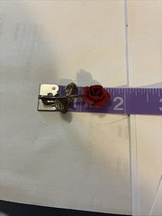 Vintage MCM 3D Matte Red Enamel Rose Brooch Pin Gold Tone Textured Stem Flower