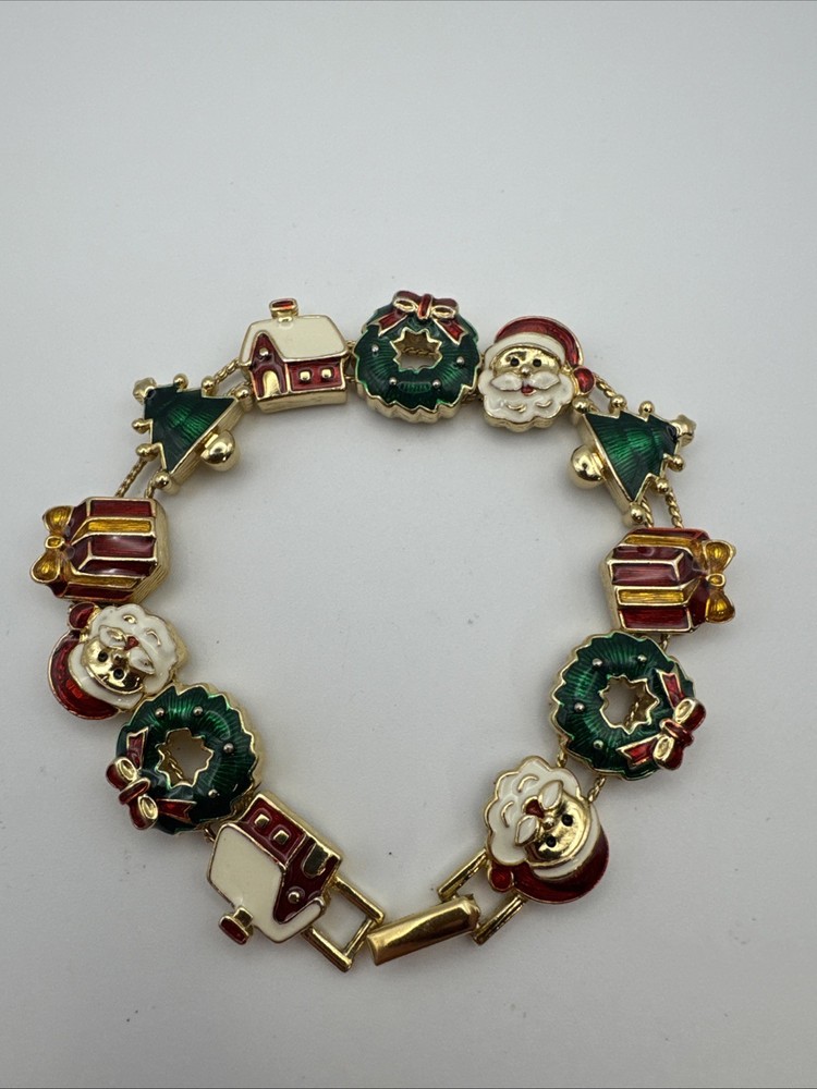 Vintage Signed SP CHRISTMAS BRACELET Sliding Charm Enamel Gold-Tone AVON 7”