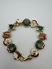Vintage Signed SP CHRISTMAS BRACELET Sliding Charm Enamel Gold-Tone AVON 7”