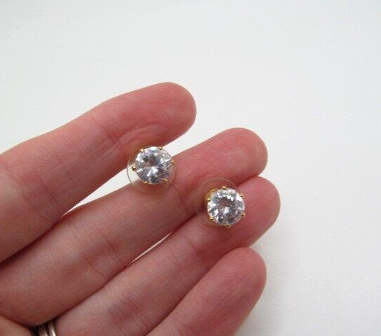 Vintage Gold Tone Round 8.25mm Shining Shiny Clear Crystal Stud Earrings