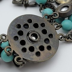 Vintage Charm Chain Bracelet Brass-Tone Crystal Faux-Turquoise And Pearl 8.5 In