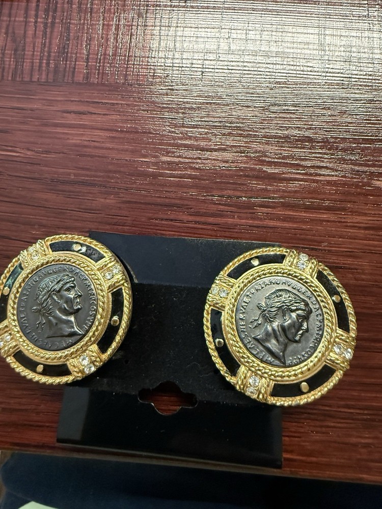 Vintage Coin Clip-On Earrings Gold Black Silver Round Metal Fashion