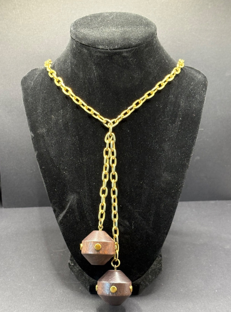 Vintage Boho / Lariat / Safari Wood & Brass Necklace w/Chunky Gold Toned Chain