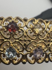 Vintage 925 China Gold Vermeil MultiGemstone Filigree Hinged Bangle Bracelet 30g