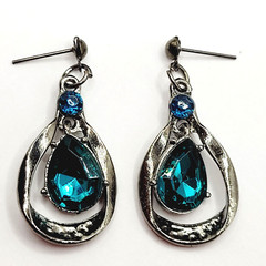 Blue Glass Water Droplet Drop Dangle Silver Tone Sparkly Fancy Pierced Earrings