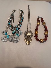 3 Vintage Statement Necklaces – Articulated Lion, Rhinestones, Mixed Materials