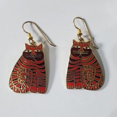 Vintage Laurel Burch Red Shambala Cat Gold Tone Enamel Dangle Hook Earrings
