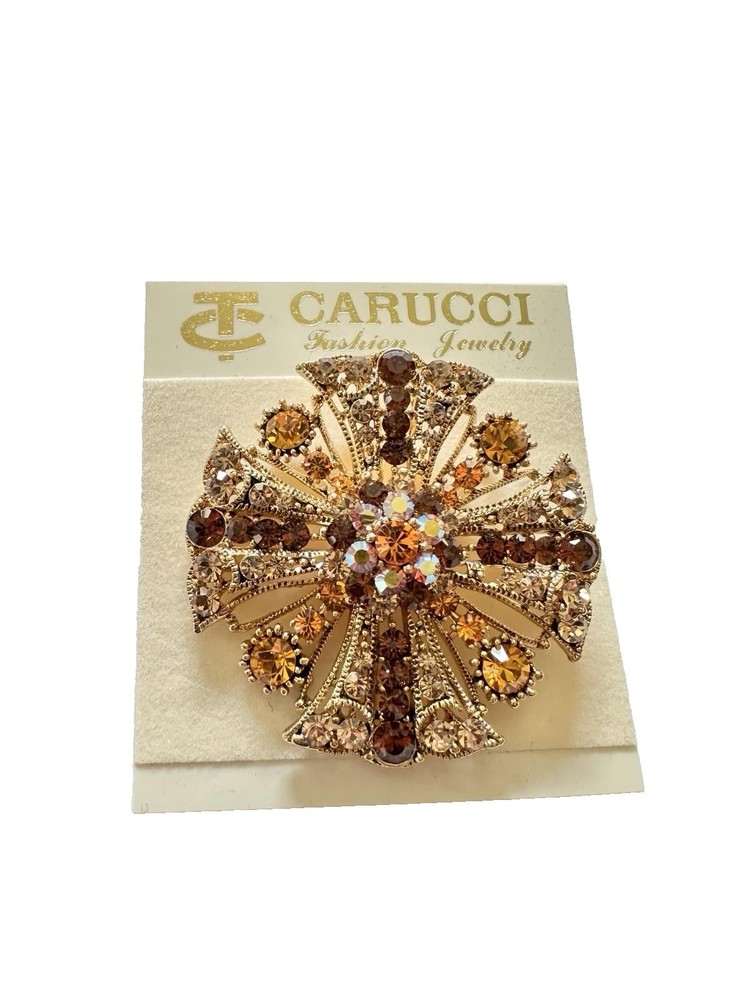 Vintage Carucci Fashion Jewelry Amber Rhinestones Brooch Pin Flower Cross KC