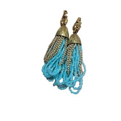 Vintage Turquoise Blue Seed Bead Tassel Clip On Earrings Gold Tone Boho 2.5″