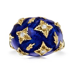 Vint Diamond Dome Rng w Blue Enam in 14k Gold Size 7.5