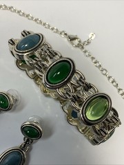 Vintage Silvertone Faux Jade Lariat Necklace + Bracelet + Earrings Set