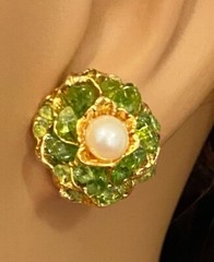 AUTHENTIC SWOBODA FLOWER EARRINGS ~ PERIDOT, PEARL ~ PIERCED~STUNNING!