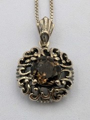 Vtg FNA Sterling Silver Round Smoky Quartz Pendant 18″ Box Necklace Earrings Set