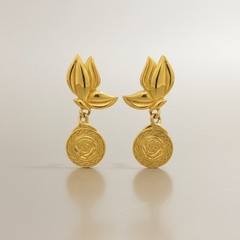 Vintage Gold Tone Tulip Rose Drop Clip On Earrings Coquette Statement Regency