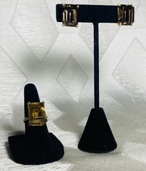 Vintage Bold Marvella Smoky Topaz Glass Ring & Screw Back Earrings Set Gold Tone