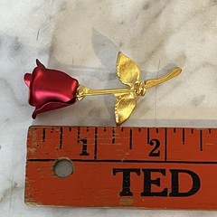 Vintage Rose Brooch Matte Gold Tone Stem Shiny Deep Red Rose 2.25in Pin
