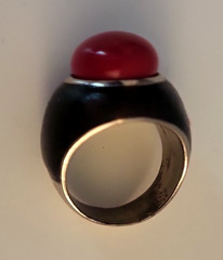 Vintage Lanvin Paris Red Enamel Round Stone Silver & Black Tone Ring Size 6
