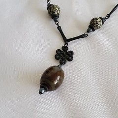 Faux Jasper Glass & Metal Beads Gun Black Alloy Chain Link Pendant Necklace 17″
