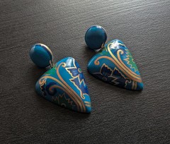 Vintage Hand Painted Wood Earrings Blue Ethnic Boho Statement Post