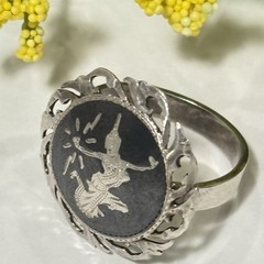 Antique 1940s Siam Niello Ware Sterling Silver 925 Goddess Band Ring Size 8.5