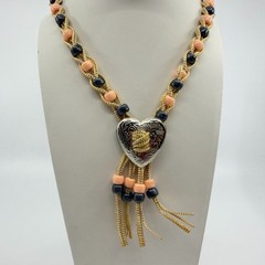 Boho Heart Bolo Necklace Gold Tone Woven Cord Peach Black Beads