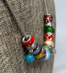 14 Charms some glass, silver tone Colorful NECKLACE 16″ length – NO MARKINGS