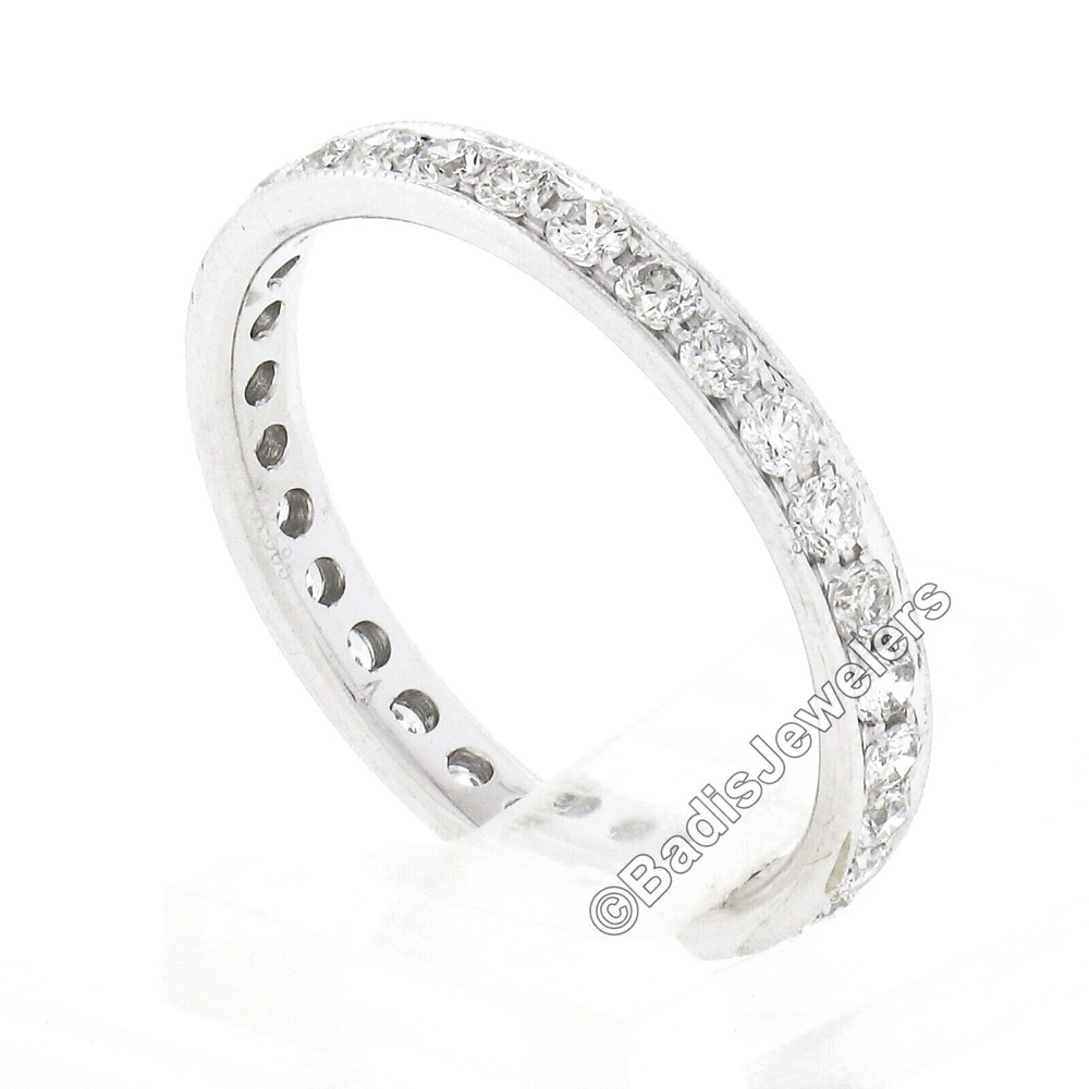 Vintage 14k White Gold 0.60ctw Round Pave Diamond w/ Milgrain Eternity Band Ring