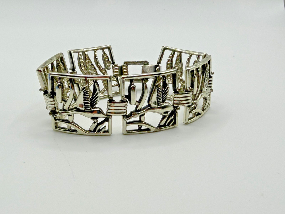 SILVER TONE BIRD PANEL LINK BRACELET NATURE CATTAILS BOX CLASP 7 IN WOMENS