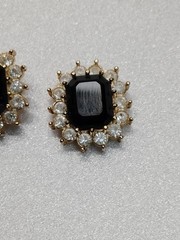 Vintage Signed Roman Black Onyx Clear Crystal Gold Tone Pierced Post Earrings
