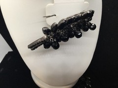 Vintage Black Glass Rhinestone Brooch And Clip Earrings
