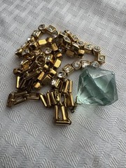 Vintage Gold Tone Aqua Rhinestone Necklace Large Faceted Glass Pretty Pendant